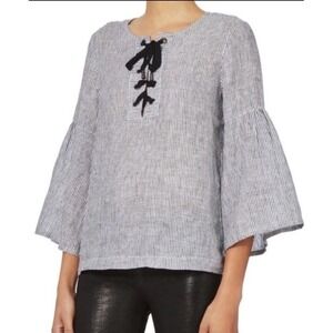St. Roche Lula Striped Bell Sleeve Lace‎ Up Top Blouse Black White Linen Small